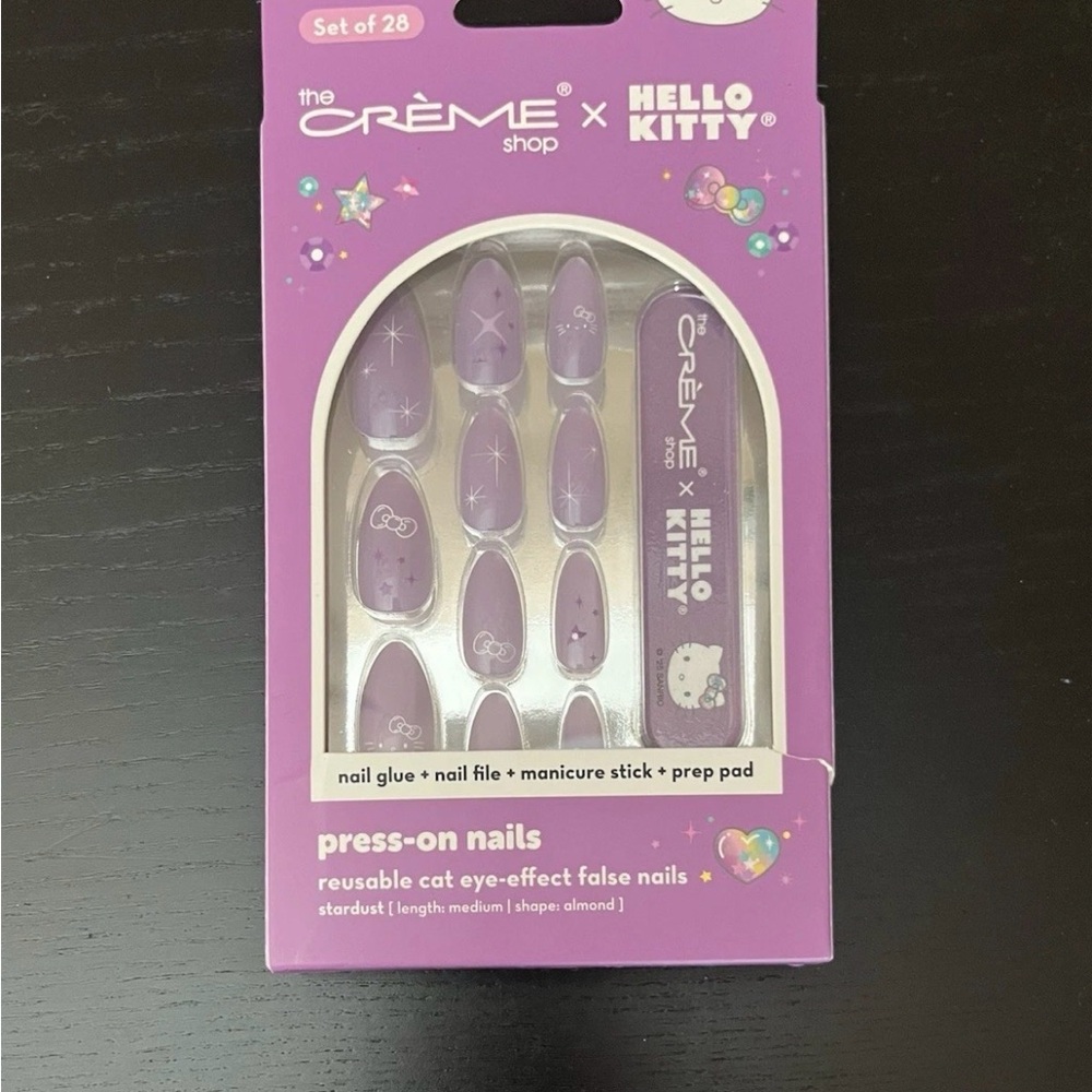 The Crème Shop Hello Kitty Cat Eye Purple Almond Press On Nails 28 Ct NIB NEW!!!